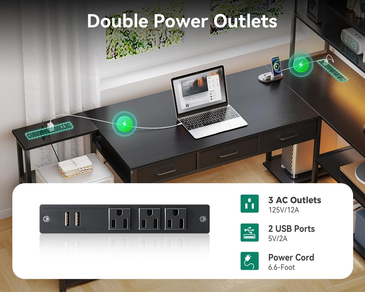 AODK 79 inch L Shaped Desk with File Drawers, Reversible L Shaped Gaming Desk with Power Outlets & LED Lights, Computer Desk with Storage Shelves for Home Office, Black AODK