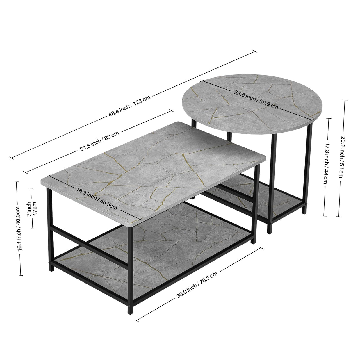 WOHOMO Coffee Table, Modern Style Coffee Tables for Living Room Marble Center Table with Storage 2 in 1Detachable Table Set,Grey Marble WOHOMO