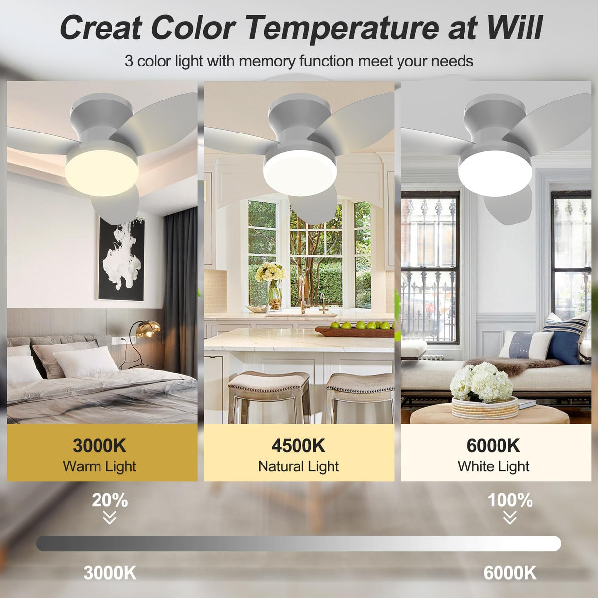 Vilante Ceiling Fans with Lights, 24 Inch Low Profile Ceiling Fan with Light and Remote Control, Dimmable, 6 Speeds, 3CCT, Flush Mount, Quite, Reversible DC Motor Modern Ceiling Fan for Bedroom Vilante