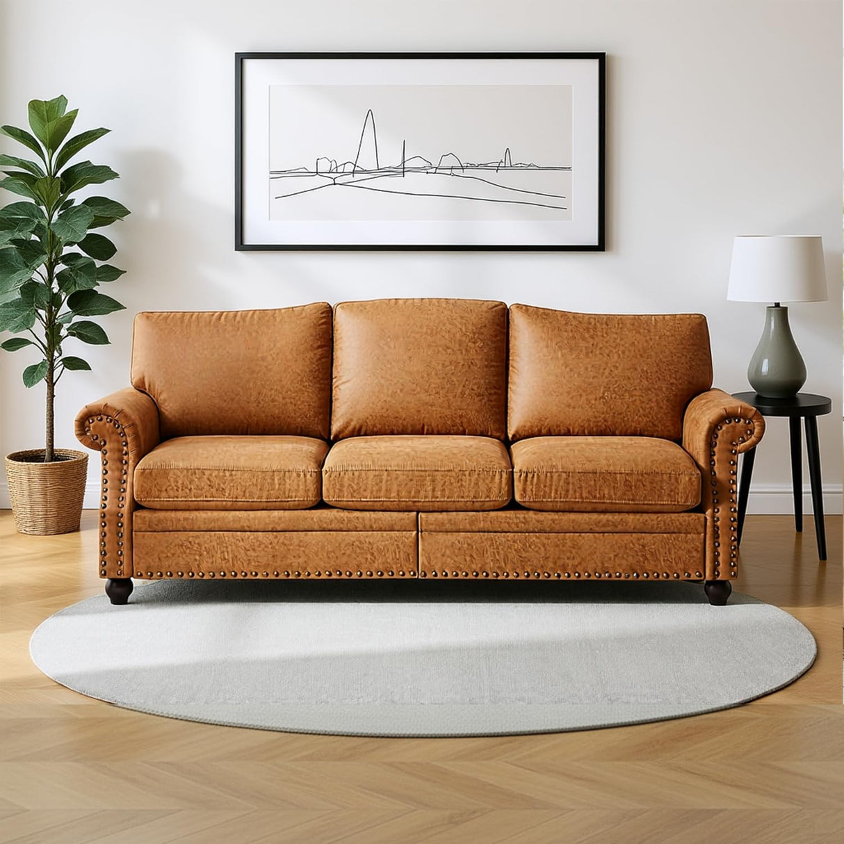 LegacyAmerhome 85'' Faux Leather Couch for Living Room, Mid Century Modern Leather Sofa with Rolled Arm, Classic 3 Seat Brown Couches with Nailheads Trim, Big Comfy Couch with Deep Seat for Apartment LegacyAmerhome