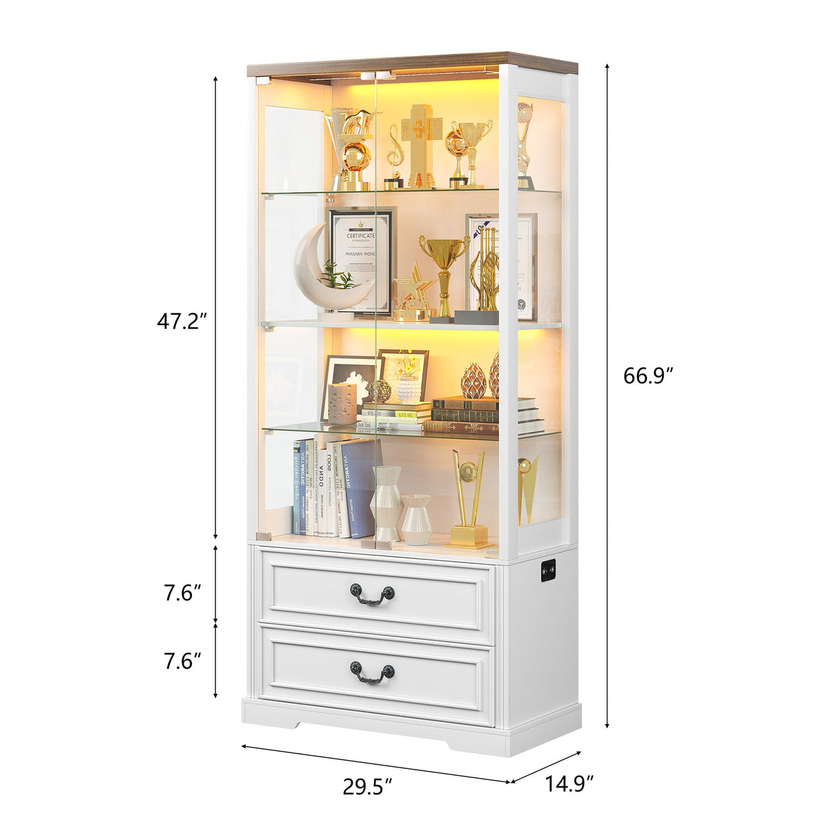 FREDEES Display Cabinet with Glass Doors,67" Adjustable Display Shelf with 2 Drawers and 4 Tier Curio Cabinet,Tall Bookcase with 3 Color Lights and Human Body Sensor for Toys,Books(White) FREDEES
