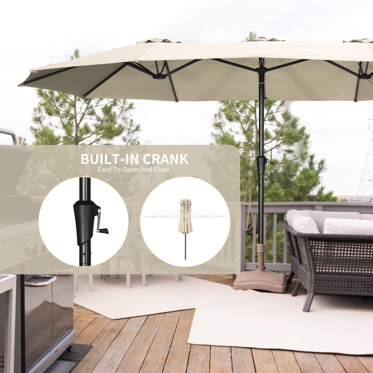 OVASTLKUY 15ft Extra Large Patio Umbrella, Double-Sided Outdoor Market Umbrella with Crank Handle for Poolside, Backyard, Garden, Deck (Khaki) No base OVASTLKUY