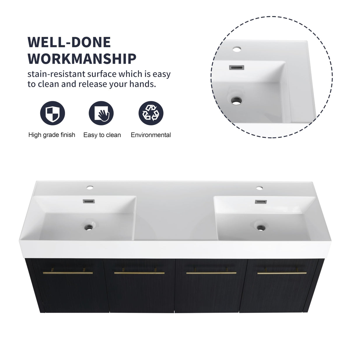 Minheola 60 inch Bathroom Vanity with Sink, Modern Double Sink Bathroom Vanity, Floating Bathroom Vanity with Thick Edged Resin Basin & Soft Close Doors, 60" Wall Mounted Black Bathroom Vanity Cabinet Minheola