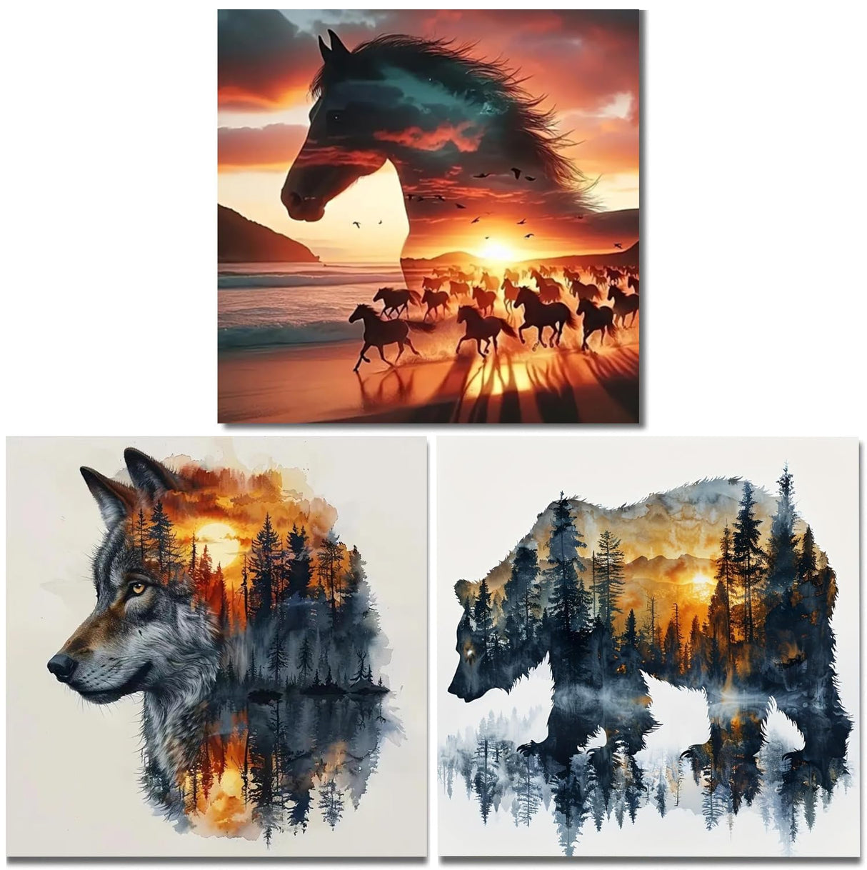 3 Pack Forest Bear Diamond Art Kits for Adults, Desert Horse DIY Diamond Painting Kits for Adults Beginners, Forest Wolves 5D Full Drill Diamond Dots 12 x12 inch Kaixine