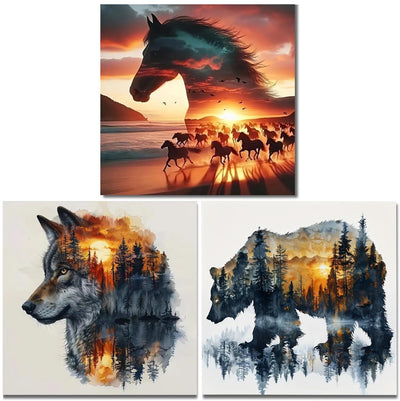 3 Pack Forest Bear Diamond Art Kits for Adults, Desert Horse DIY Diamond Painting Kits for Adults Beginners, Forest Wolves 5D Full Drill Diamond Dots 12 x12 inch