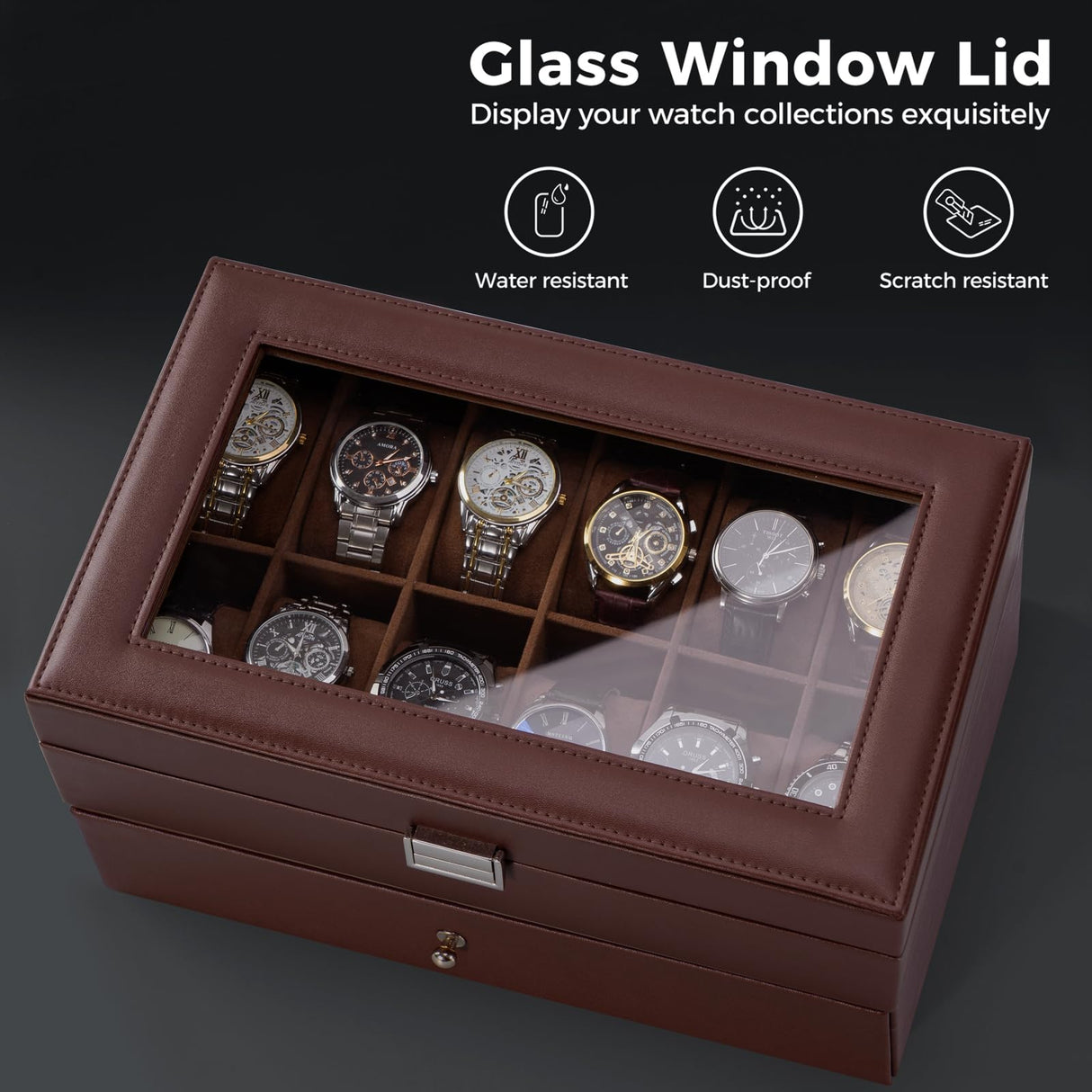 ProCase Watch Box for Men, 12 Slot Mens Watch Case With Drawer, Watch Display Case With Glass Lid, 2-Layer Watch Holder Organizer, Jewelry and Watch Storage for Men Women -12Slot, Espresso ProCase