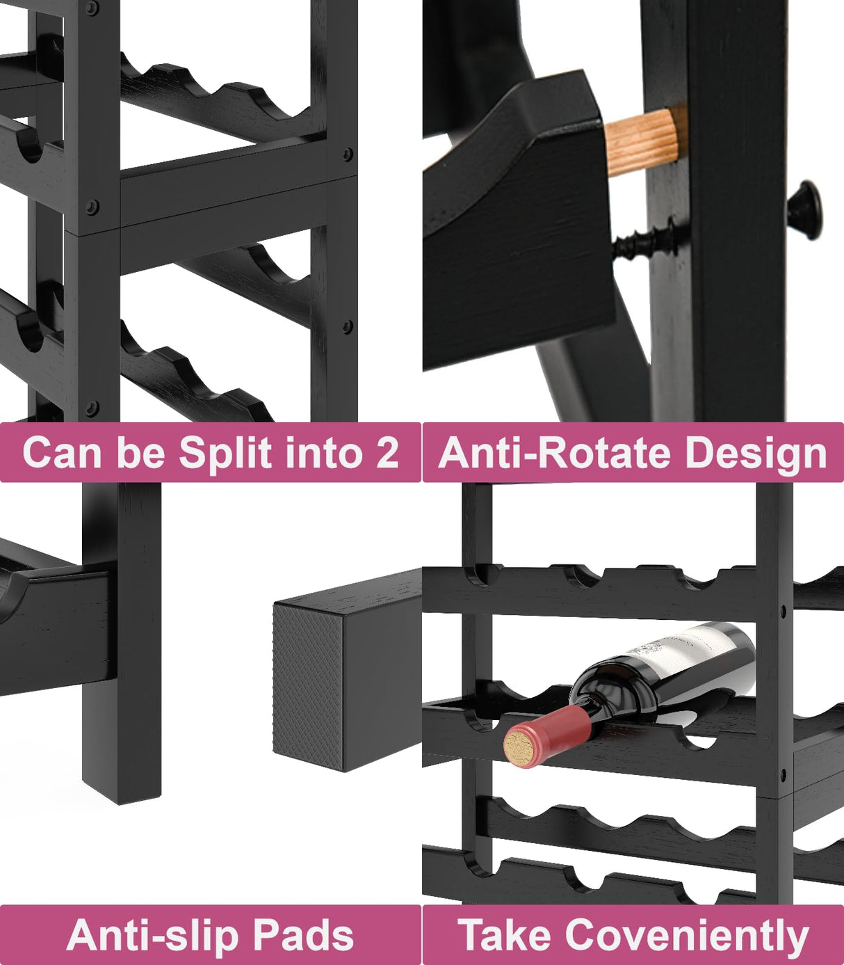 MOGELAFOO 6 Tier Bamboo Wine Rack Freestanding Floor, 24 Bottles Wine Storage Shelves with Table Top, Stackable Wine Display Rack for Kitchen, Bar, Dining Room, Black MOGELAFOO