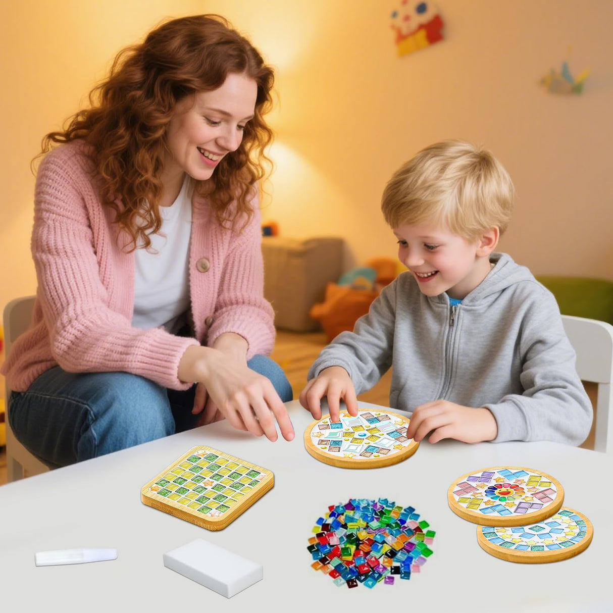 10 Set DIY Mosaic Tiles for Crafts Mixed Color Glass Mosaic Kits with Wooden Coasters DlY Coasters Kit Mosaic Supplies for Adult DIY Kit Bamboo Coaster for Drinks Tray Airsnigi