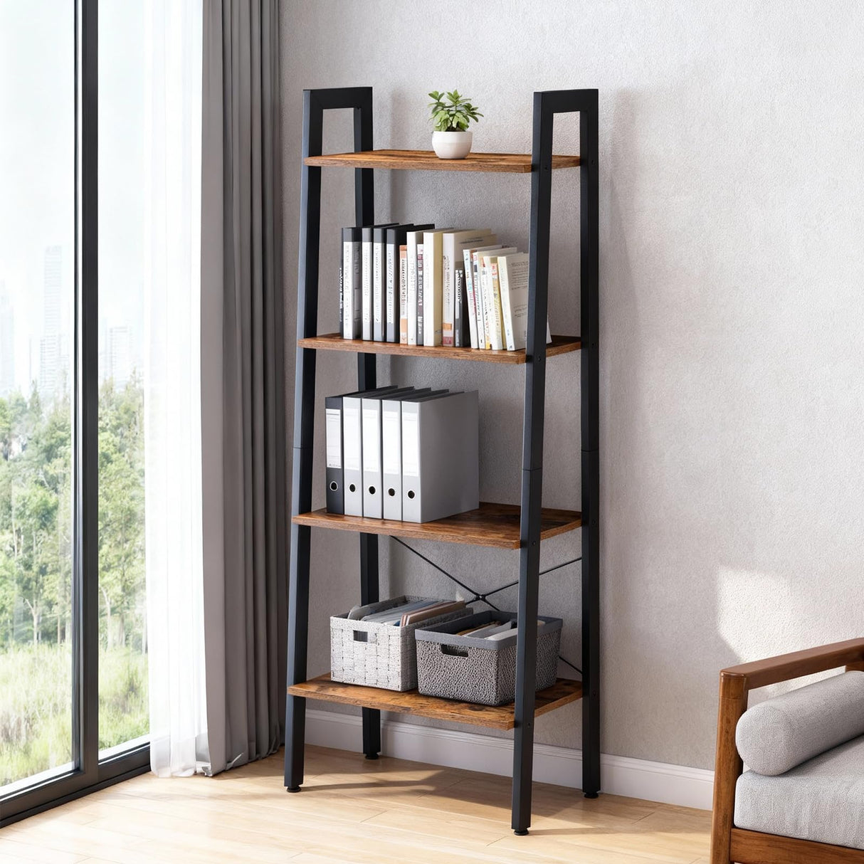 DUMOS Ladder Shelf, 4-Tier Display Bookshelf, Industrial Style Storage Standing Shelf, Decorative Shelves with Stable Frame for Living Room, Bedroom, Office, Kitchen, Bathroom, Brown DUMOS
