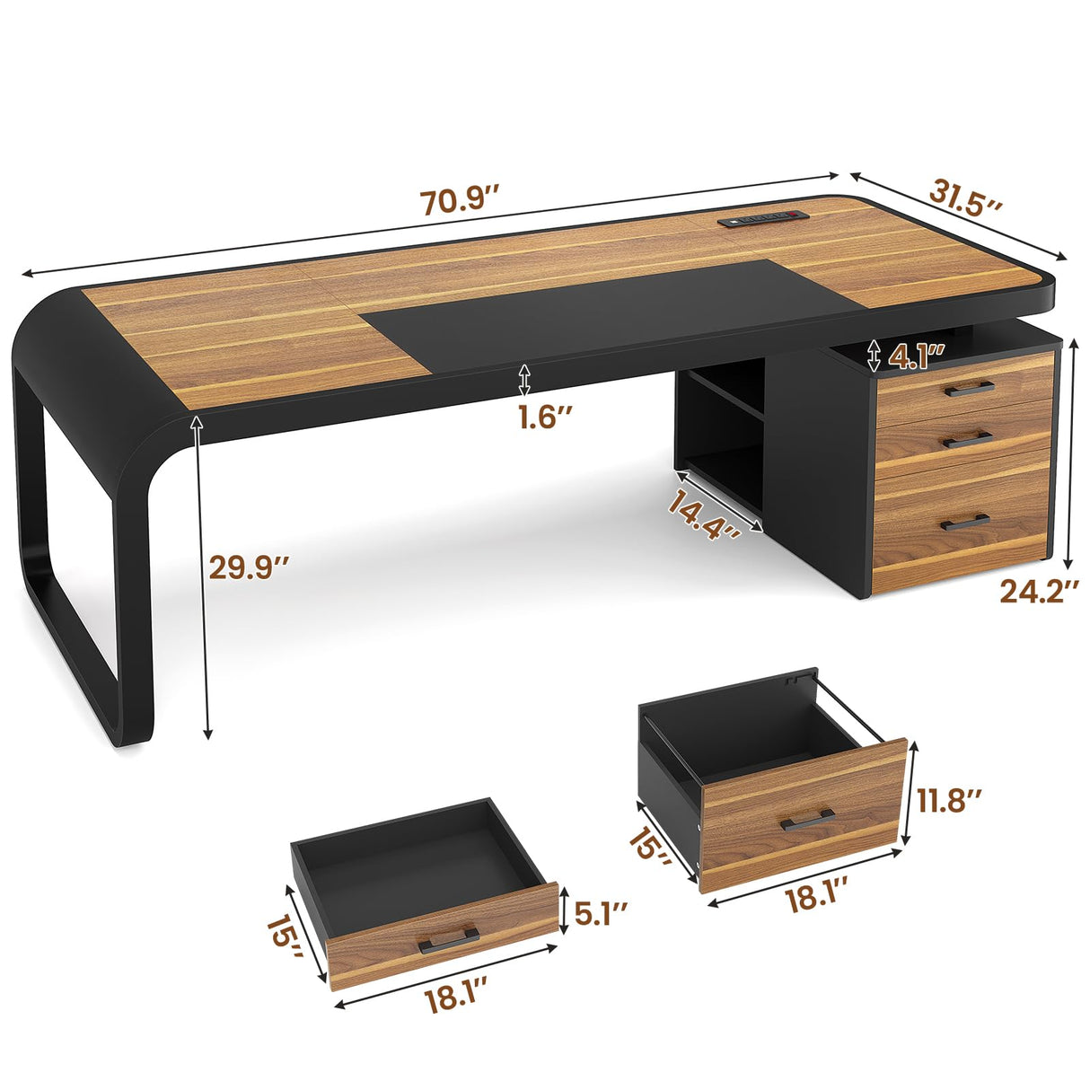 Itaar 70.9" Executive Desk, Large Computer Desk with Drawers and Lateral File Cabinet, Office Desk with Removable Shelves, Business Furniture Desk Workstation for Home Office, Brown2133 Itaar