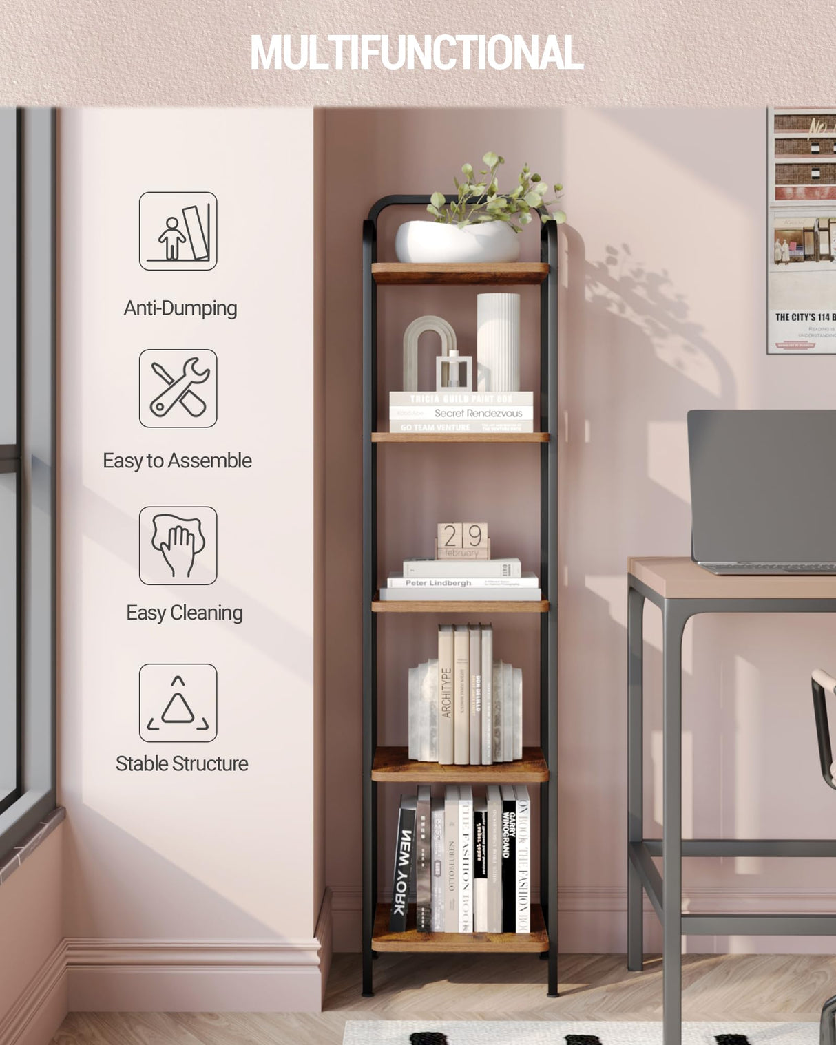 Hzuaneri Bookcase Bookshelf, Narrow Book Shelf, Industrial Corner Shelf Storage Organizer, Slim Shelving Unit for Home Office, Living Room, Bedroom, Kitchen, 5-Tier Rustic Brown and Black BC24501B Hzuaneri