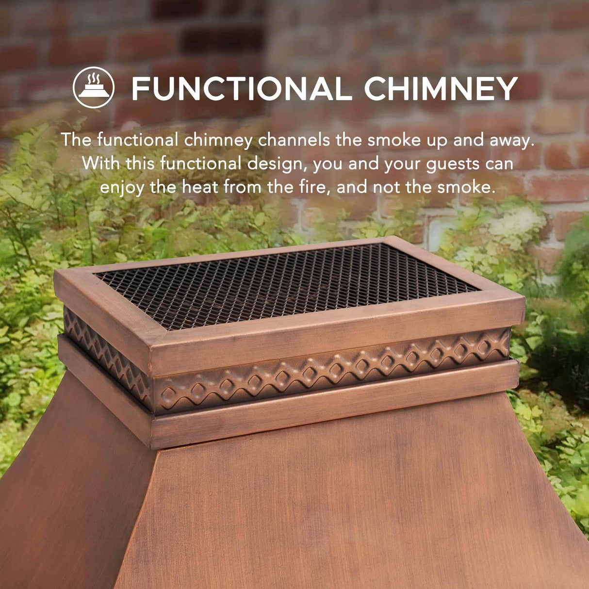 Sunjoy Outdoor Fireplace, Smith Collection Patio Wood Burning Steel Fireplace with Chimney, Spark Screen, Fire Poker, and Removable Grate, Copper with Yellow Tile Sunjoy