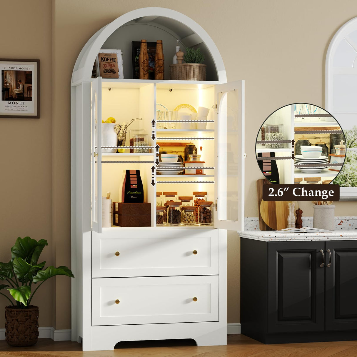 70" Tall Arched Bookcase with LED Lights, Modern Curved Cabinet with Glass Door, Arched Bookshelf Cabinet with 2 Storage Drawers, Display Storage Cabinet with Adjustable Shelves for Living Room,White Gyfimoie