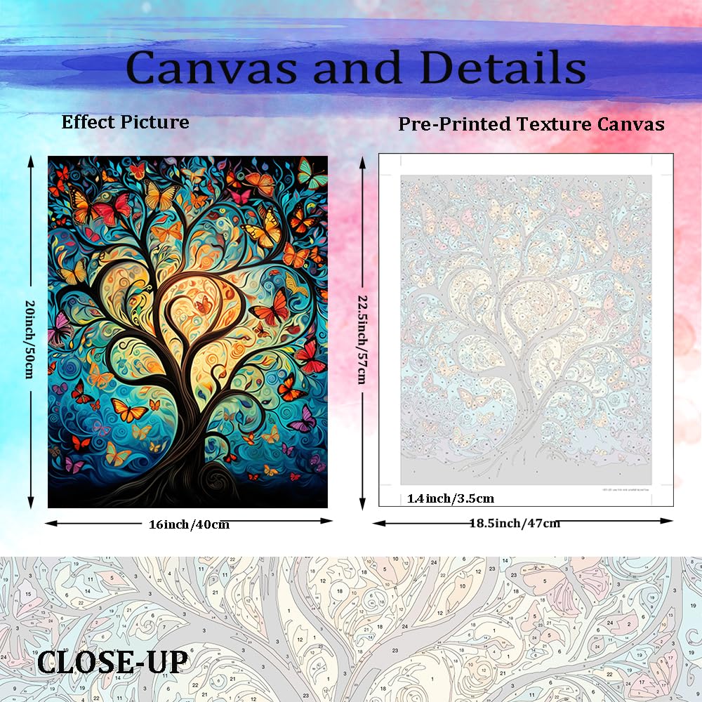 JUJUHOOD Tree of Life Paint by Numbers Kit for Adults,Butterfly Adult Paint by Number Kits,DIY Acrylic Paint by Number on Canvas for Home Wall Decor 16X20 Inch JUJUHOOD