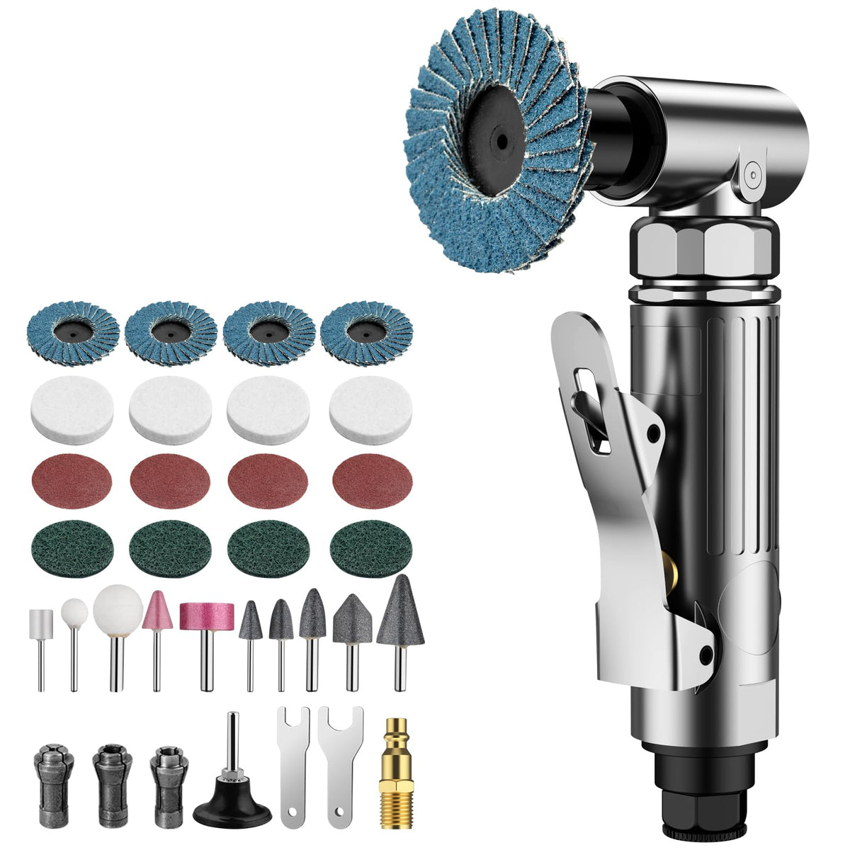 COLFULINE Angle Air Die Grinder 1/4" with 20 pcs 2" Roll Lock Sanding Discs, 90 Degree Heavy Duty 20,000 RPM Compressed Sander Polisher Tool for Contour Grinding, Polishing, Milling, Cutting COLFULINE