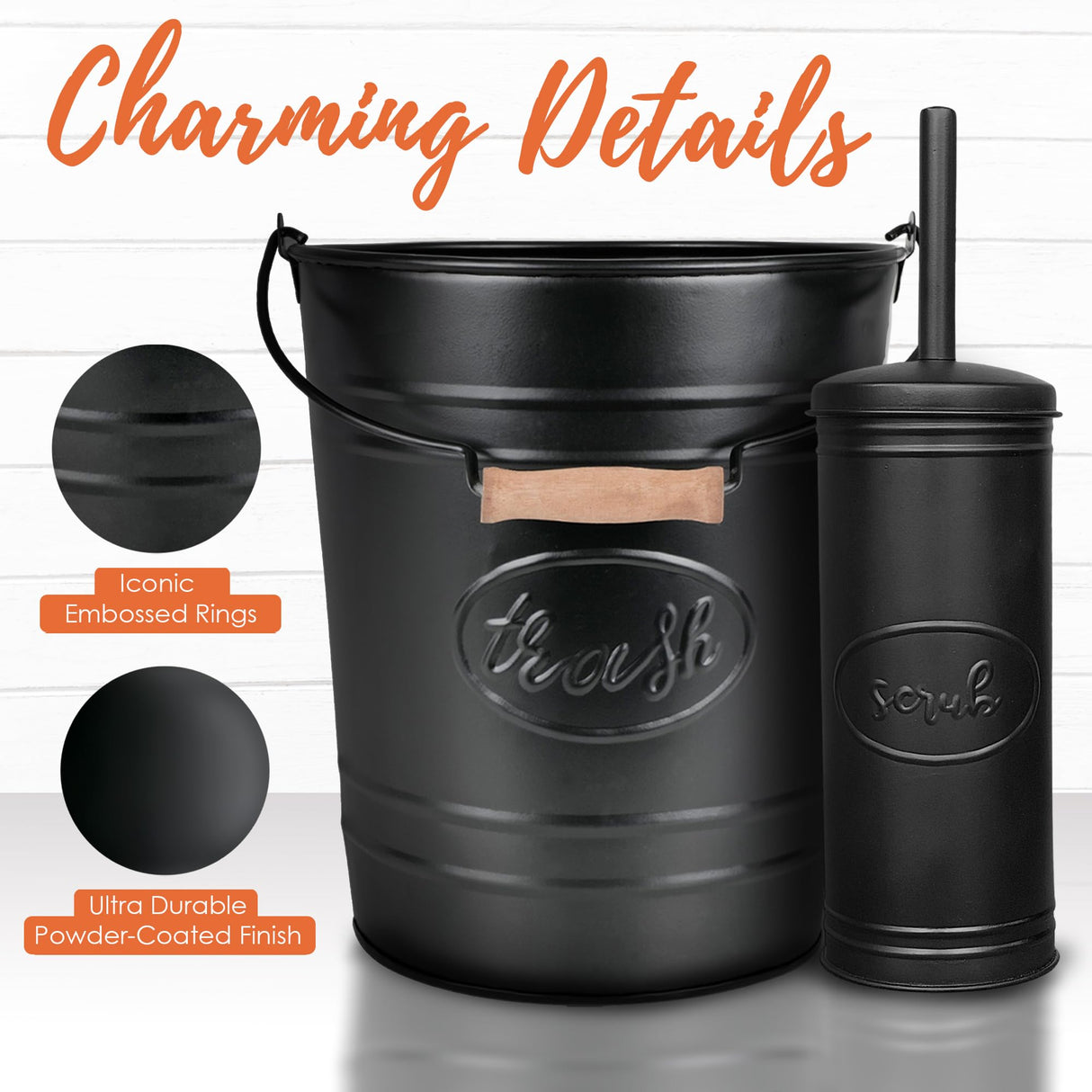 Autumn Alley Farmhouse Bathroom Trash Can and Toilet Brush Set - Rustic Bathroom Accessories for Charming Bathroom Décor, Matte Black Heavy Gauge Metal Autumn Alley