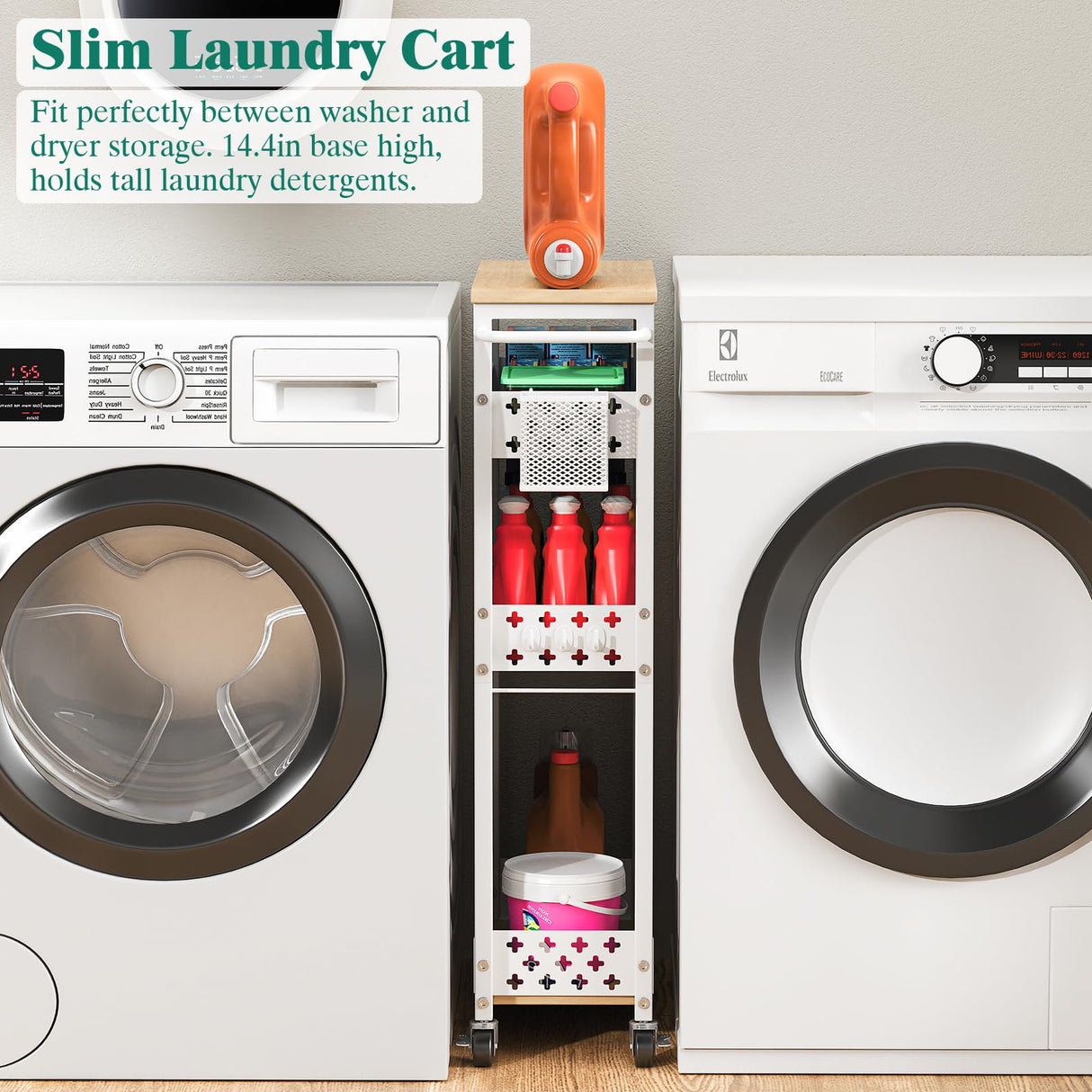 Slim Storage Cart 4 Tier Laundry Cart with Wheels, Narrow Metal Kitchen Rolling Carts Bathroom Organizers Storage Shelf with Wood Rack and Handle for Small Space XYZLVSI