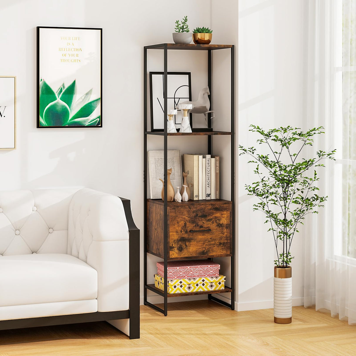 Tangkula 4-Tier Bookshelf with Drawer, 62.5” Tall Narrow Bookcase with Metal Frame & Anti-tip Kits, 4 Open Shelves & Pull-Out Drawer, Modern Slim Display Storage Rack for Living Room Study (2, Brown) Tangkula