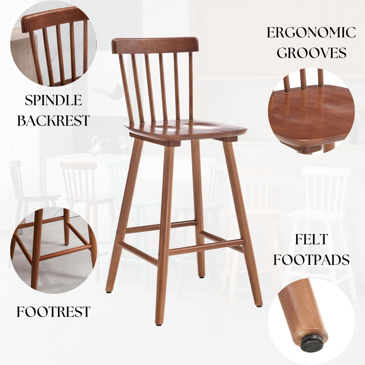 chairus 26" Farmhouse Wooden Bar Stools Set of 2, Windsor Spindle Back Counter Height Stools, Modern Armless Bar Chairs for Kitchen Island Dining Room Cafe, Walnut Brown chairus