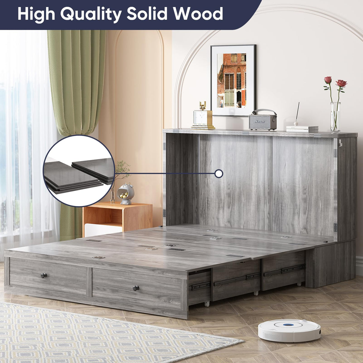 ijuicy Full Murphy Bed with Storage & Multifunctional Charging Station, Farmhouse Murphy Cabinet Bed with Foldable Panel, Space-Saving Beds for Guest Bedroom,Living Room(Mottled Grey, with Mattress) ijuicy