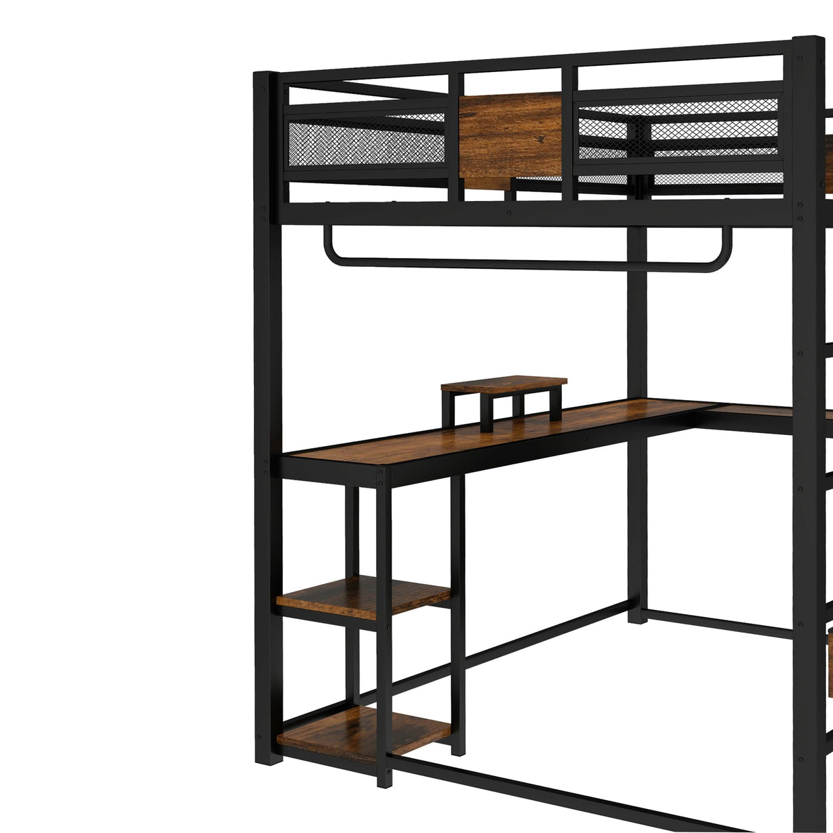 Bellemave Queen Loft Bed with Desk and Fabric Drawer, Metal Queen Loft Bed Frame with guardrail and Ladder for Adults, Kids, Teens, Black Bellemave