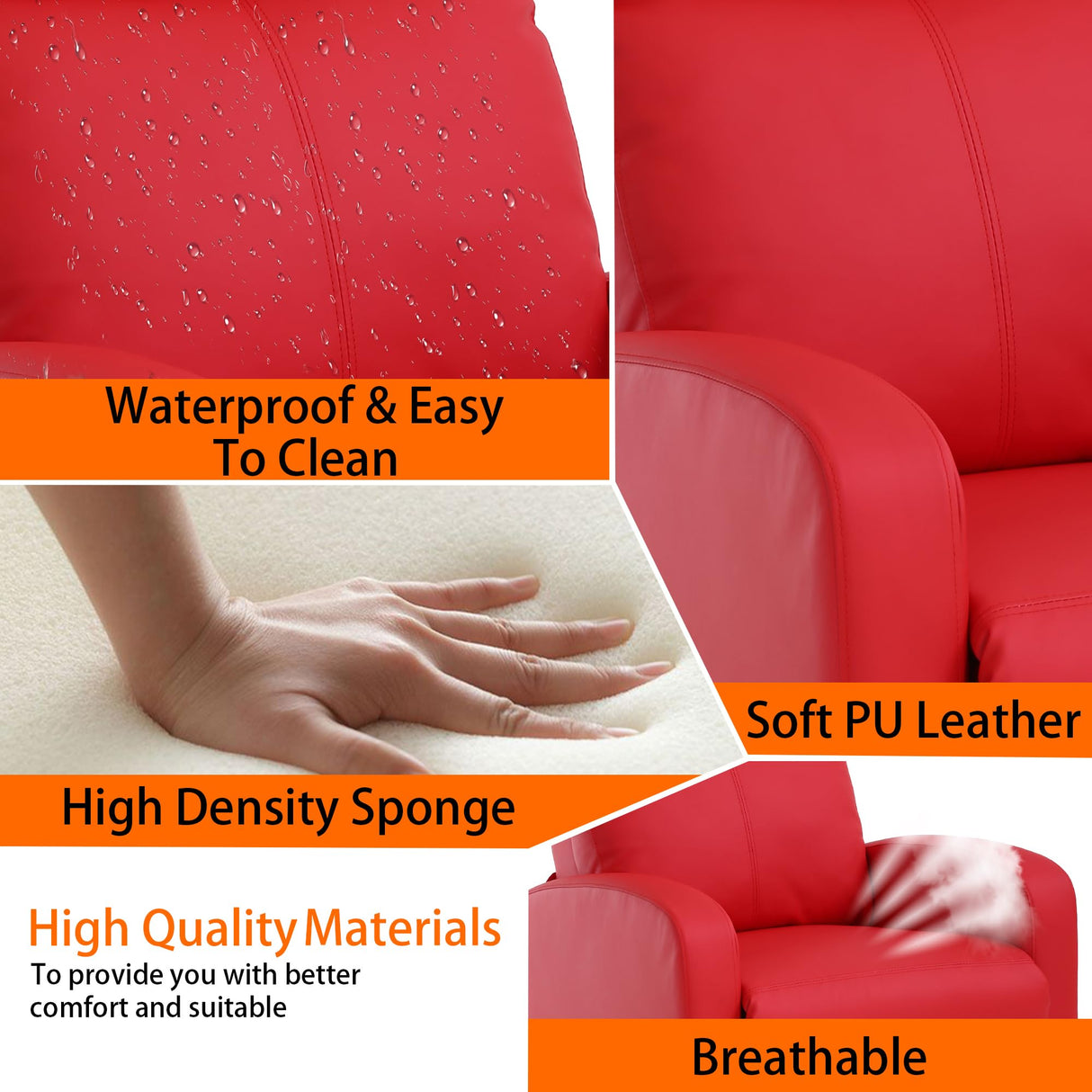 MKDLUFEI Adult Recliner Chair PU Leather Massage Recliner Sofa with Lumbar Support, Push Back, Armrests, Footrest, Adjustable Home Theater Seating for Living Room Home Theater (Black) (Red) MKDLUFEI