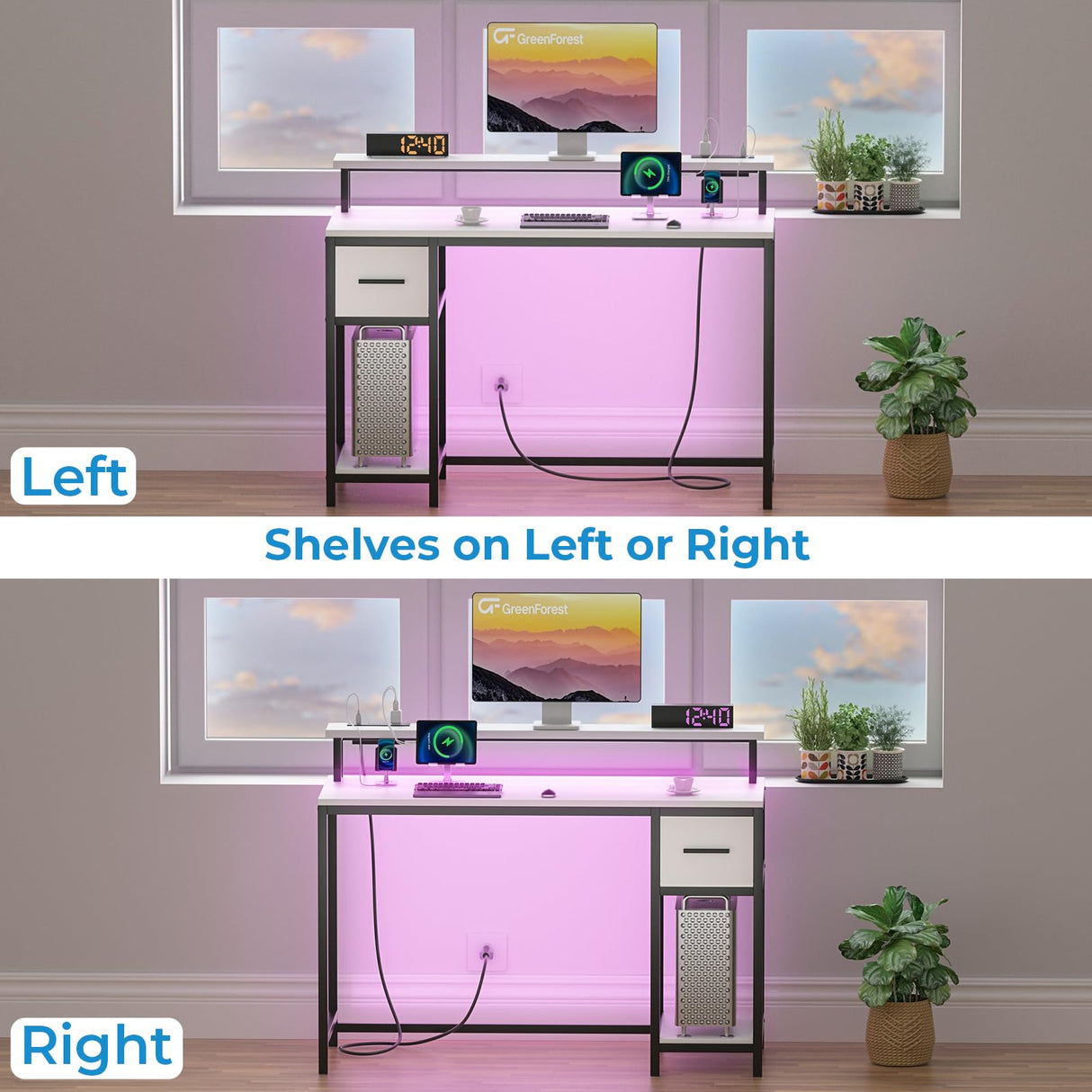 GreenForest White Computer Desk 47 Inch with LED Lights and Monitor Stand, Office Desk with Drawer for Small Spaces, Gaming Desk with Power Outlets and Shelf GreenForest