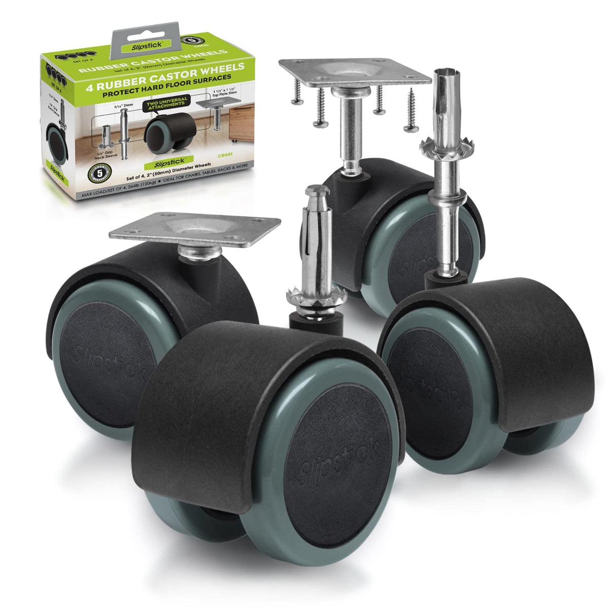 Slipstick CB681 2 Inch Floor Protector Rubber Caster Wheels (Set of 4) 5/16 Inch Stem or Top Plate Mounting Options - Black/Gray Green Slipstick