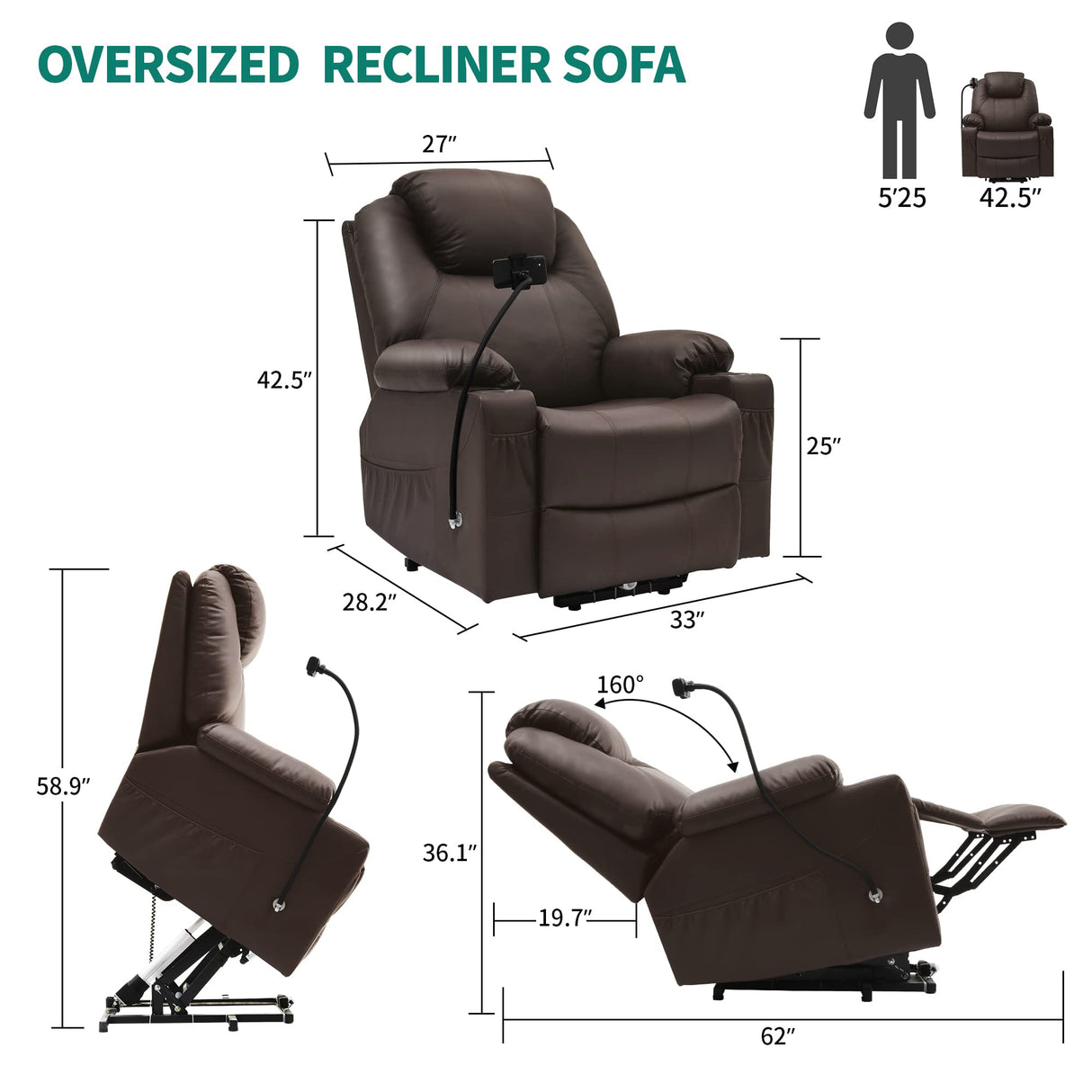YITAHOME Recliner Chair with Phone Holder, Electric Power Lift Recliner Massage Sofa for Living Room, Home Theater Seating with Cup Holders and LED Lighting, Heated Recliner with USB Ports,Brown YITAHOME