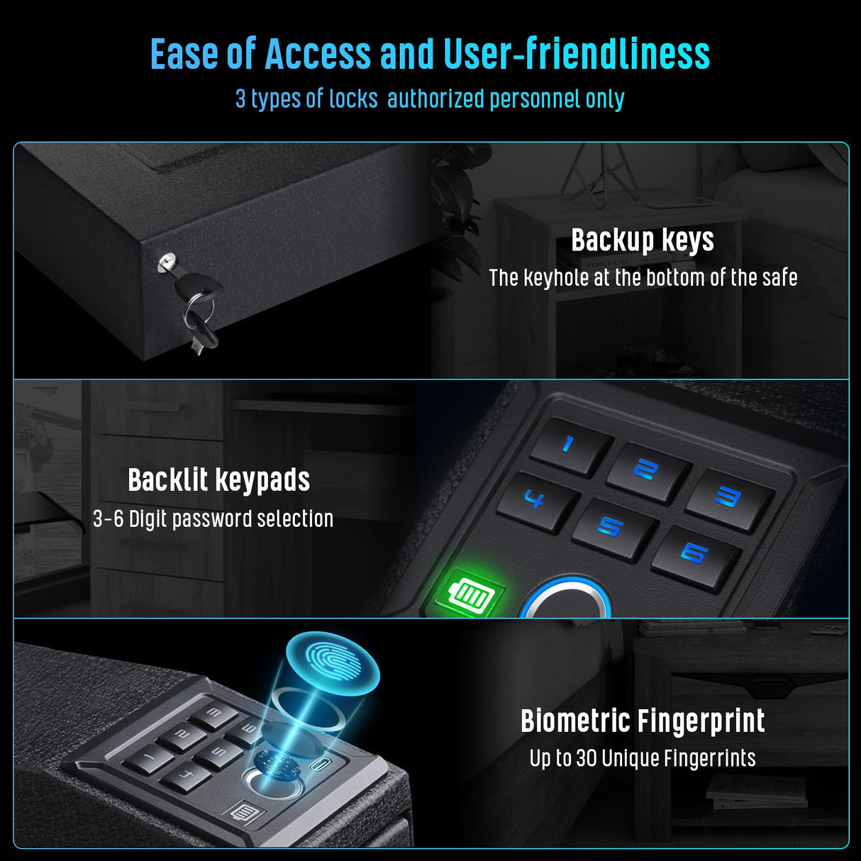 1DOT2 Gun Safe, Biometric Pistol Safe Nightstand, Quick Access Sliding Door Handgun Safes and Gun Lock Box for Home, Car, Truck, Bedside 3-Ways unlock Safe Fingerprint, Digital Key,Interior Lights 1DOT2