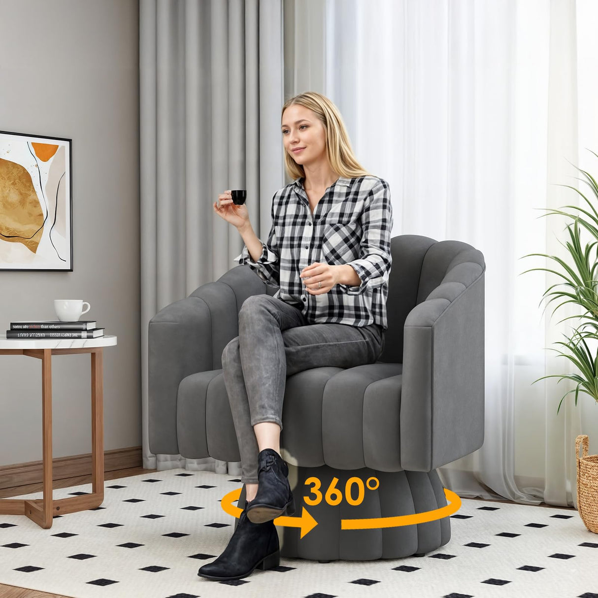 Apicizon Swivel Accent Chair Mid Century Modern Swivel Barrel Chair, 360 Degree Round Swivel Chair with Wide Upholstered, Velvet Accent Armchair Home Sofa Living Room Bedroom Office Gray Apicizon