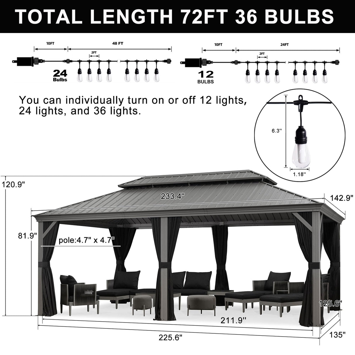 PURPLE LEAF Hardtop Gazebo with String Lights 12' x 20' Gazebo with Galvanized Steel Double Roof and Aluminum Frames Wind Resistance Large Pavilion Gazebo for Patio Deck Garden, Light Grey PURPLE LEAF