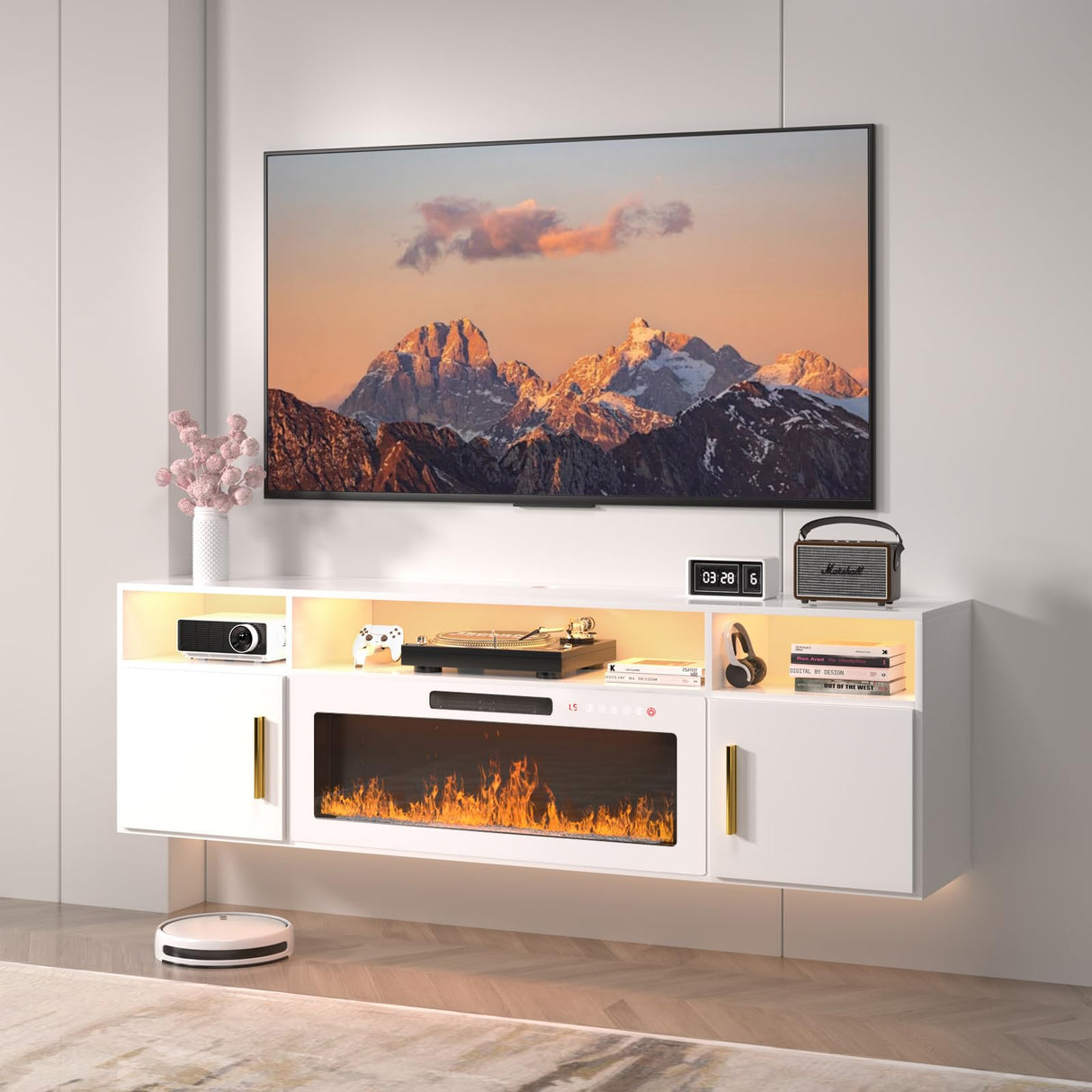 VENDORZ Floating TV Stand with Fireplace, 70" Floating Entertainment Center with White Fireplace, Wall Mounted Electric Fireplace TV Stand for Living Room Media Console with Storage Up to 80" TVs VENDORZ