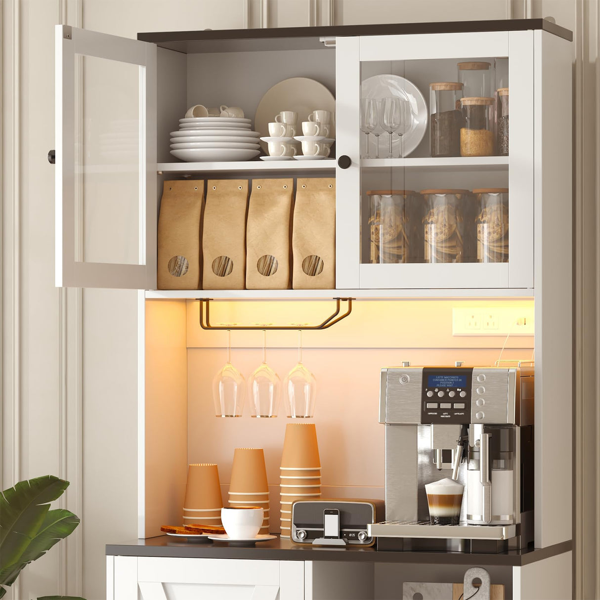 CBBPET 71" Tall Coffee Bar Cabinet with Storage Hutch, Farmhouse Kitchen Pantry Cabinet with LED Lights Microwave Stand and Glass Holder for Home Dining Room Kitchen,White CBBPET