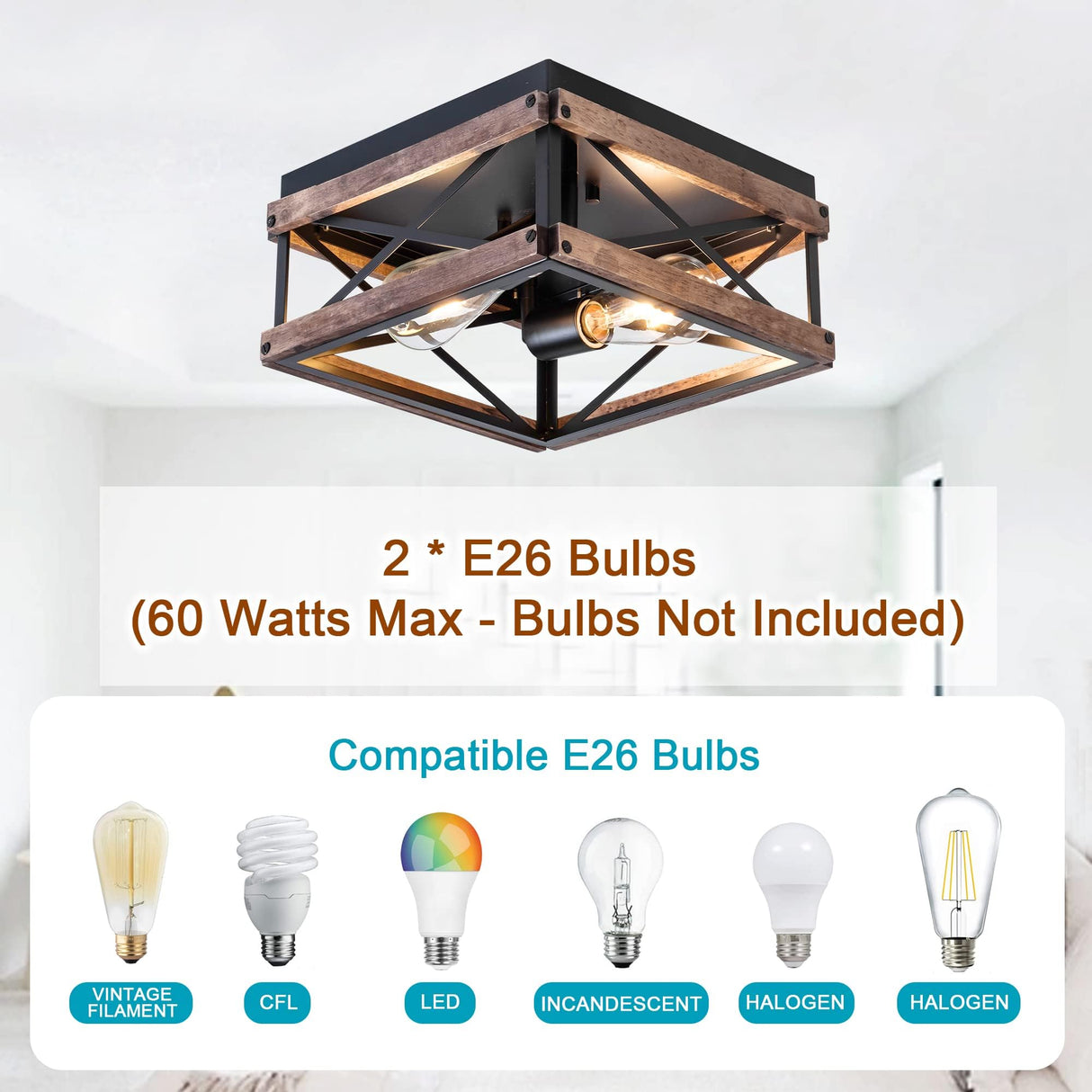 MAYNA 2-Light Industrial Ceiling Light Fixtures, Farmhouse Flush Mount Ceiling Light, Metal and Wood Square Dining Room Light Fixture for Hallway Bedroom Balcony Farmhouse,Black MAYNA