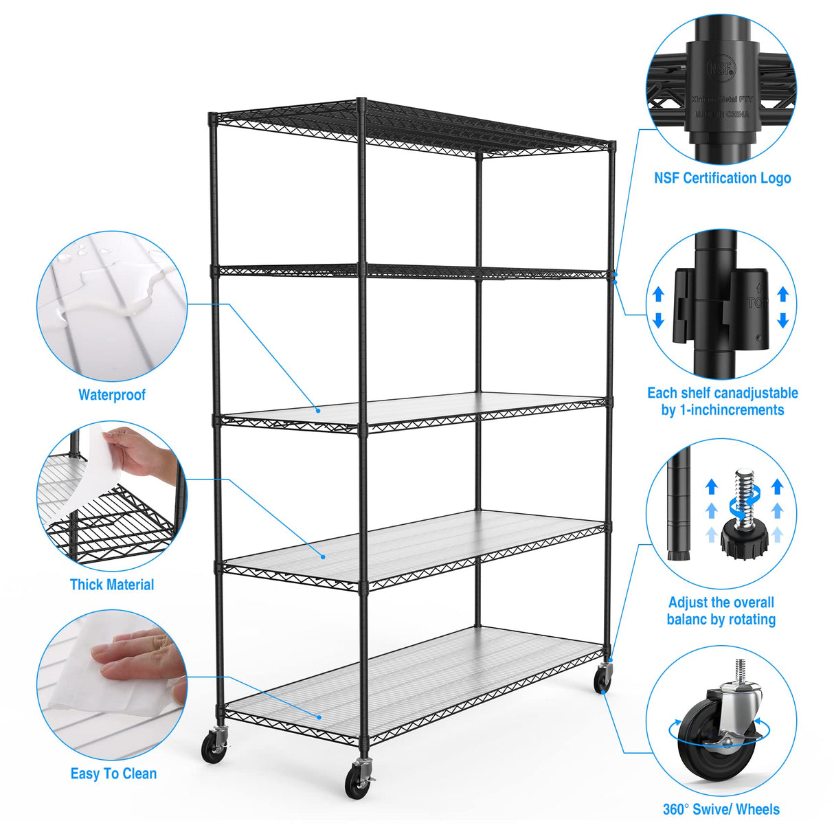 5 Tier 7500lbs Capacity NSF Metal Shelf Wire Shelving Unit, Heavy Duty Adjustable Storage Rack with Wheels & Shelf Liners for Commercial Grade Utility Steel Storage Rack, Black - 82"H x 60"L x 24"D pouseayar