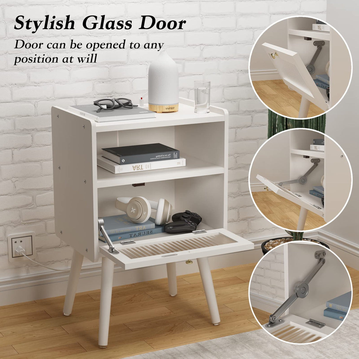 Mid Century Modern Nightstand with Charging Station, Bedside Tables with Glass Decorative Door, End Table Side Table with 2 Tiers Storage Space, for Bedroom, Living Room, White SOOWERY