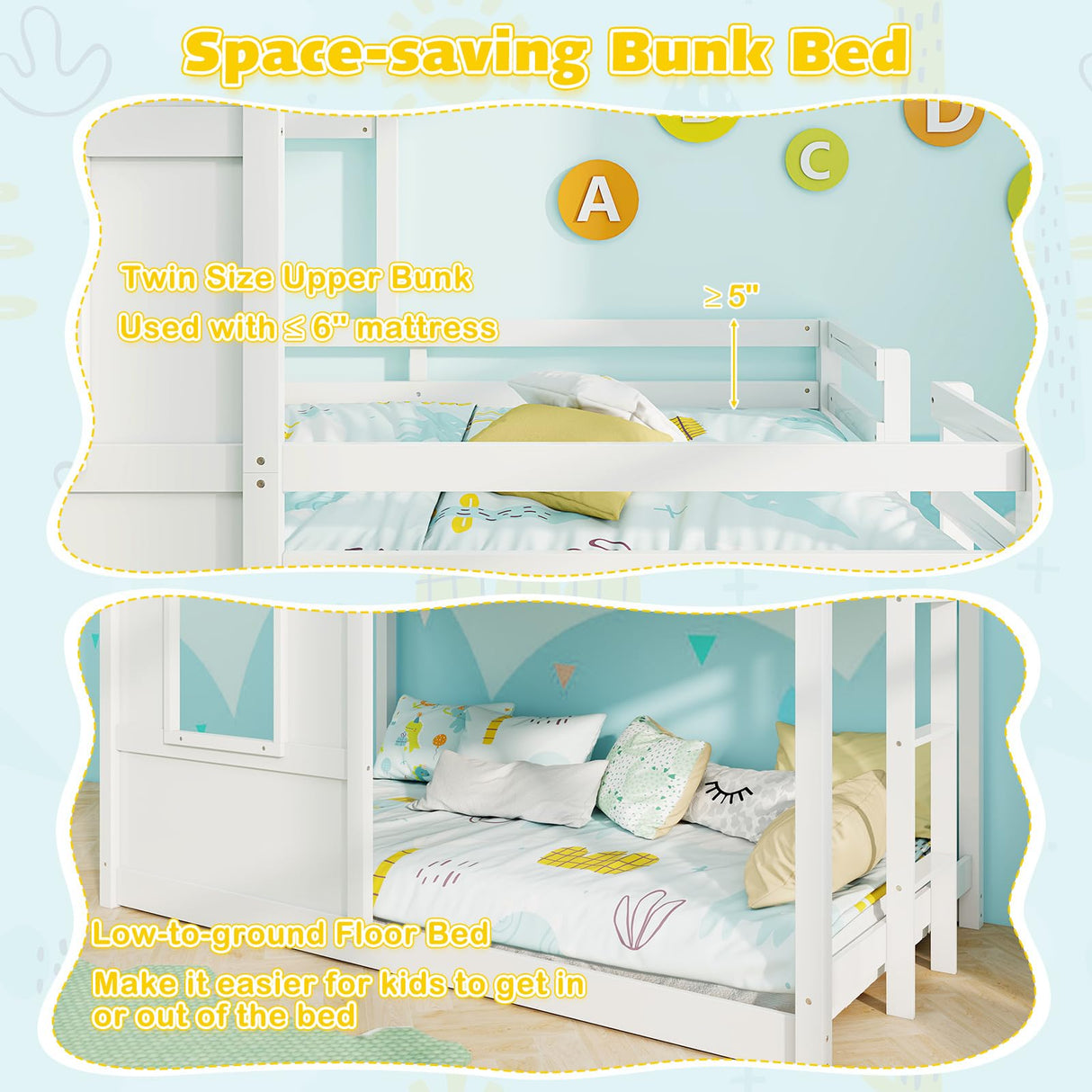 Giantex House Bunk Bed Twin Over Twin, Solid Wood Floor Bunk Bed with Built in Ladder, Window & Safety Guardrail, Wooden Kids Low Bunk Beds for Teens Boys & Girls, No Box Spring Needed, White Giantex