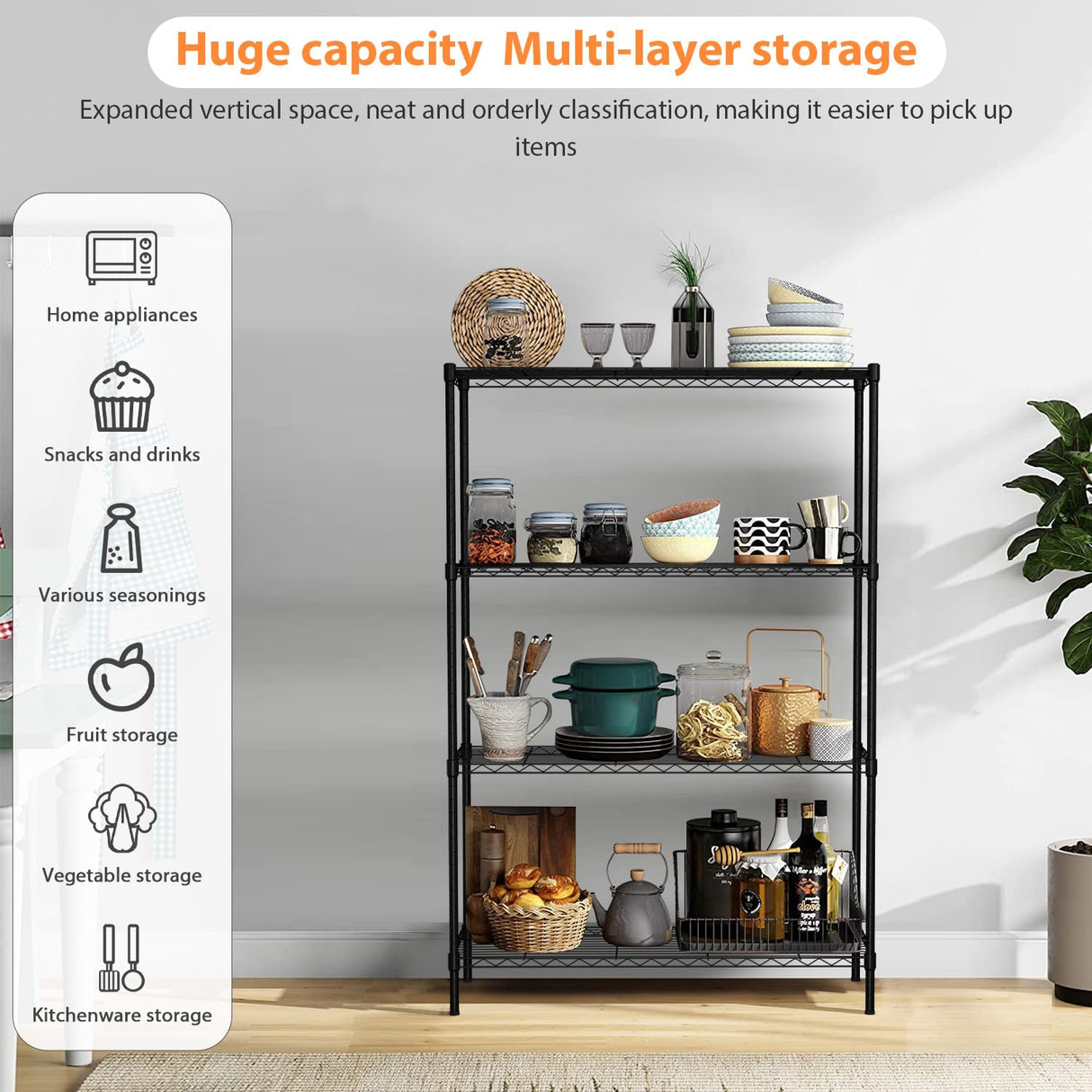 4-Tier Storage Shelves, 36Lx14Wx54H Wire Rack, Height-Adjustable Metal Shelving, Max Load 1000 LBS, Laundry to Garage, Black MKDLUFEI