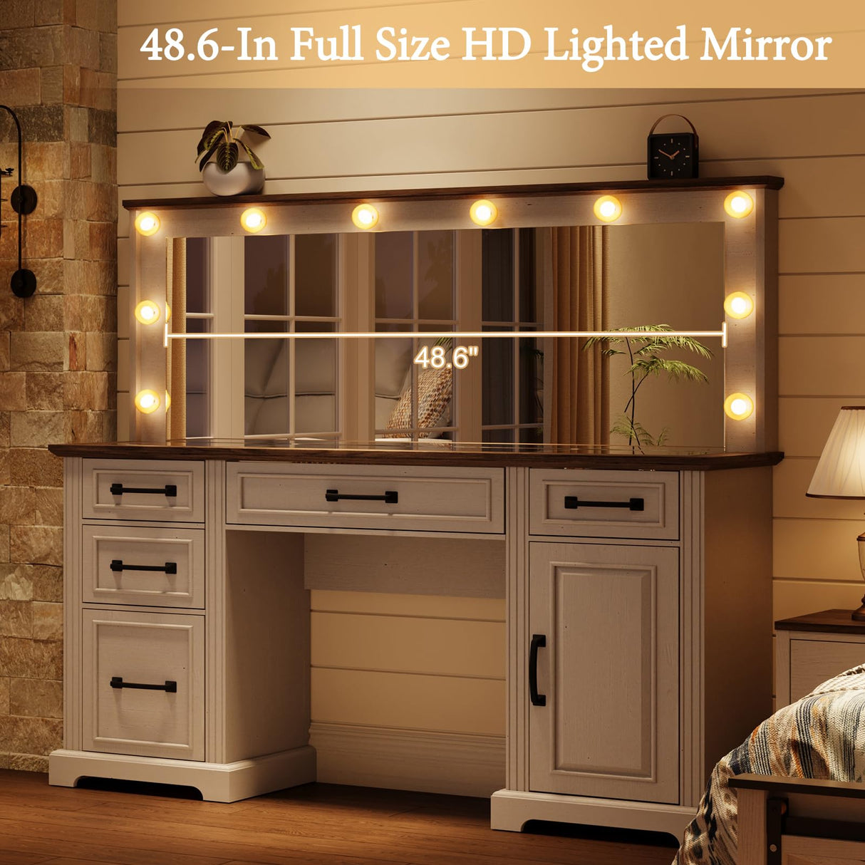 YUMPIE 55" Farmhouse Vanity Desk with Large Mirror & Lights, Glass Top Large Makeup Vanity Table with 10 Hollywood Lights Bulbs, Charging Station, 5 Drawers, Dressing Table for Bedroom, Rustic White YUMPIE