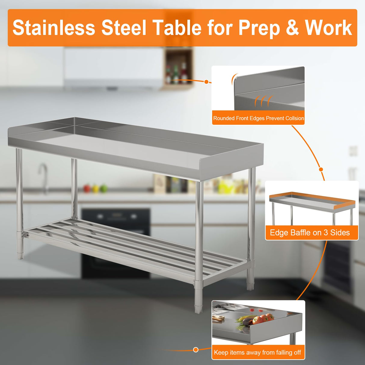 24 x 48 Inches Stainless Steel Work Table with Backsplash for Prep & Work, Folding NSF Heavy Duty Commercial Food Prep Worktable with Adjustable Undershelf for Kitchen Prep Work GaoMon