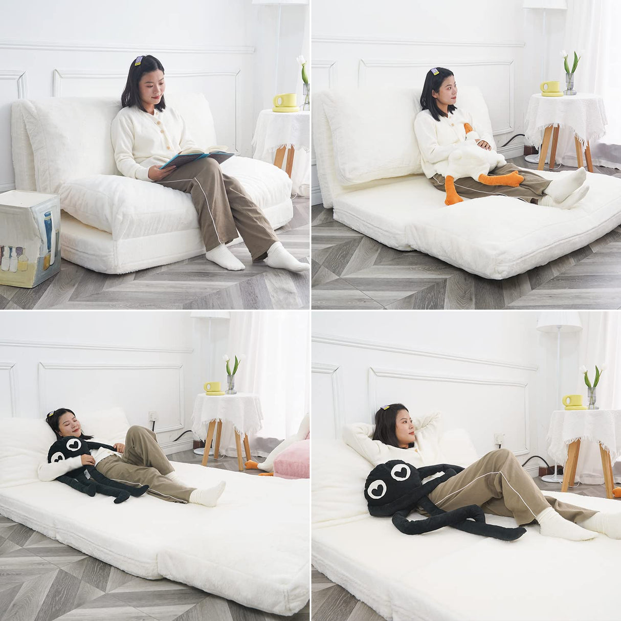 N&V Folding Matress Sofa Bean Bag Bed, Foam Filling Folding Matress Sofa, Includes Removable and Machine Washable Cover, Soft Premium Faux Fur (Medium, White) N&V
