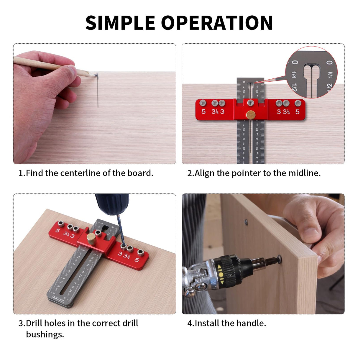 Ruitool Cabinet Hardware Jig Tool, Aluminium Alloy Cabinet Handle Install Template Tool, Adjustable Punch Locator Drill Template Guide, Cabinet Hole RUITOOL
