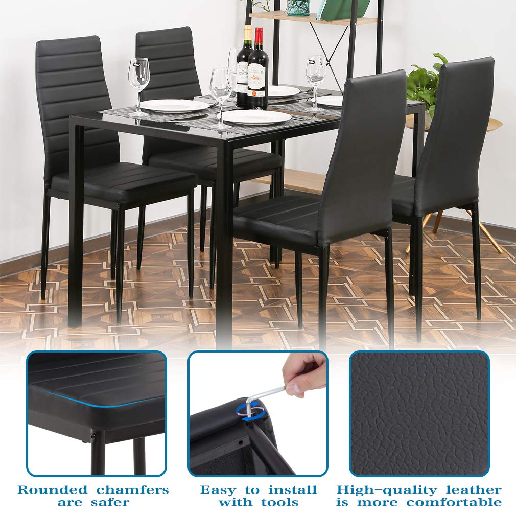 FDW Dining Table Set Glass Dining Room Table Set for Small Spaces Kitchen Table and Chairs for 4 Table with Chairs Home Furniture Rectangular Modern (Black Glass) FDW