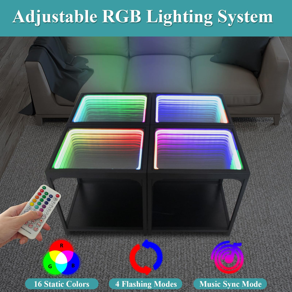 FUSLITE Infinity Mirror Light Table, Coffee Tables for Living Room, with 3D Infinity Illusion Mirror, RGB Side Table, with Tunnel Light, Unique Coffee Table, with Futuristic Decor, for Bedroom, Party FUSLITE