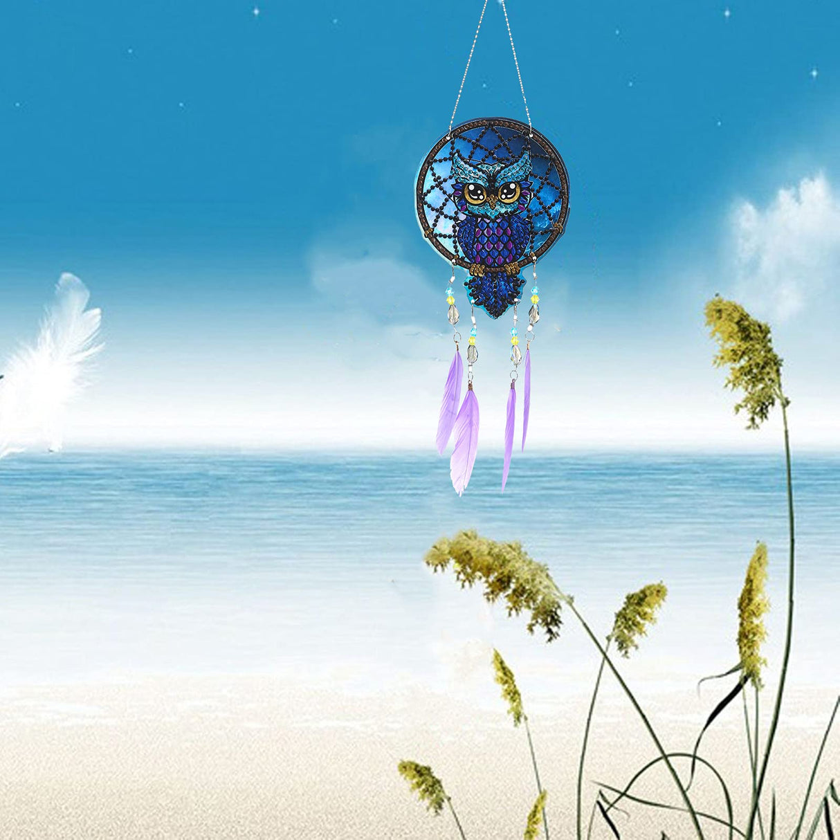 VVBAOZI DIY Owl Dream Catcher Diamond Painting Window Hanging Double Side Drill Crystal Rhinestones Diamond Art Wind Chimes Owls with Feathers VVBAOZI