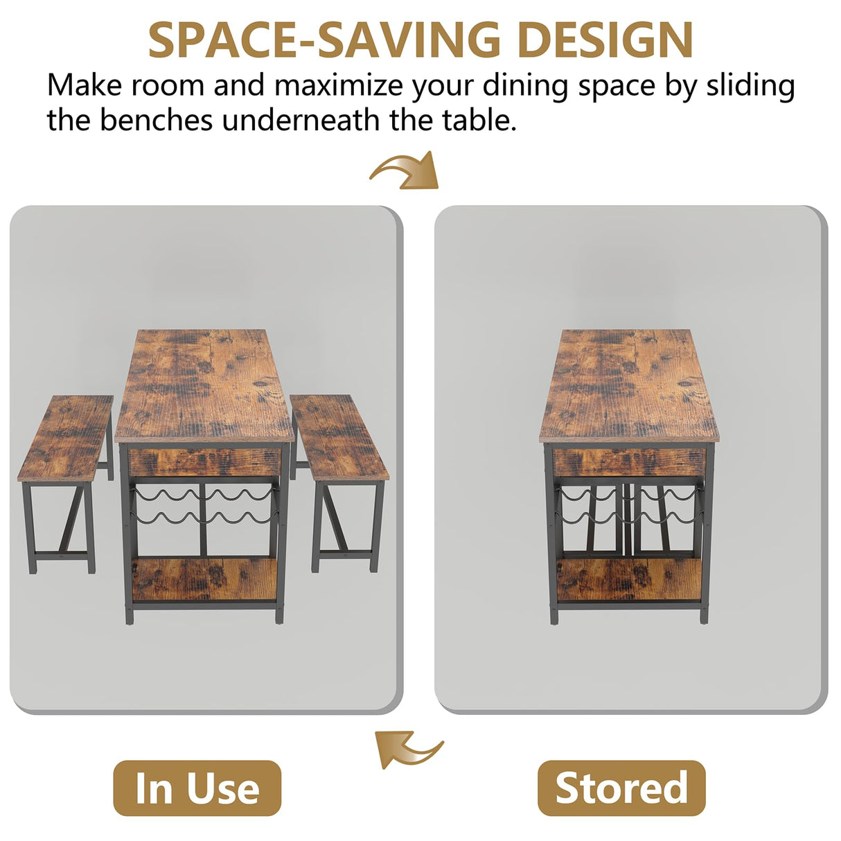 Auromie Dining Table Set for 4-6 People, 54.7" Kitchen Dinner Table with 2 Bench, Dining Room Table Set with Storage Drawer & Shelf, 3-Piece Breakfast Nook Table with Wine Rack &Glass Holder (Brown) Auromie