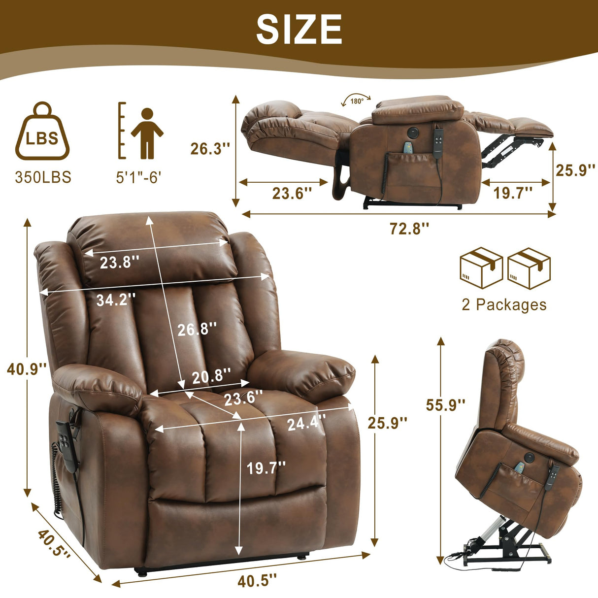MEROUS Dual Motor Large Power Lift Recliner Chair for Elderly with Heat and Massage,Lay Flat Lift Chairs Recliners for Seniors Infinite Position,USB Ports&Remote, Leather (Ochre) MEROUS