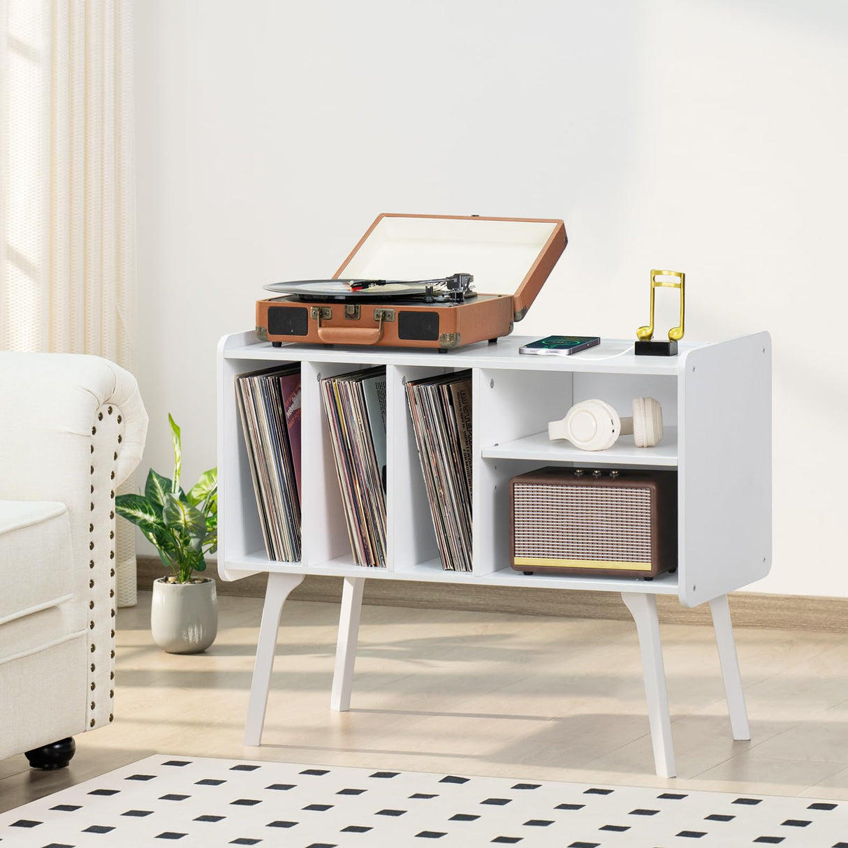 Lerliuo Record Player Stand with Charging Station Holds Up to 220 Albums, Large Turntable Stand with 4 Cabinet, Mid-Century Record Player Table,White Vinyl Holder Storage Shelf for Bedroom Living Room Lerliuo