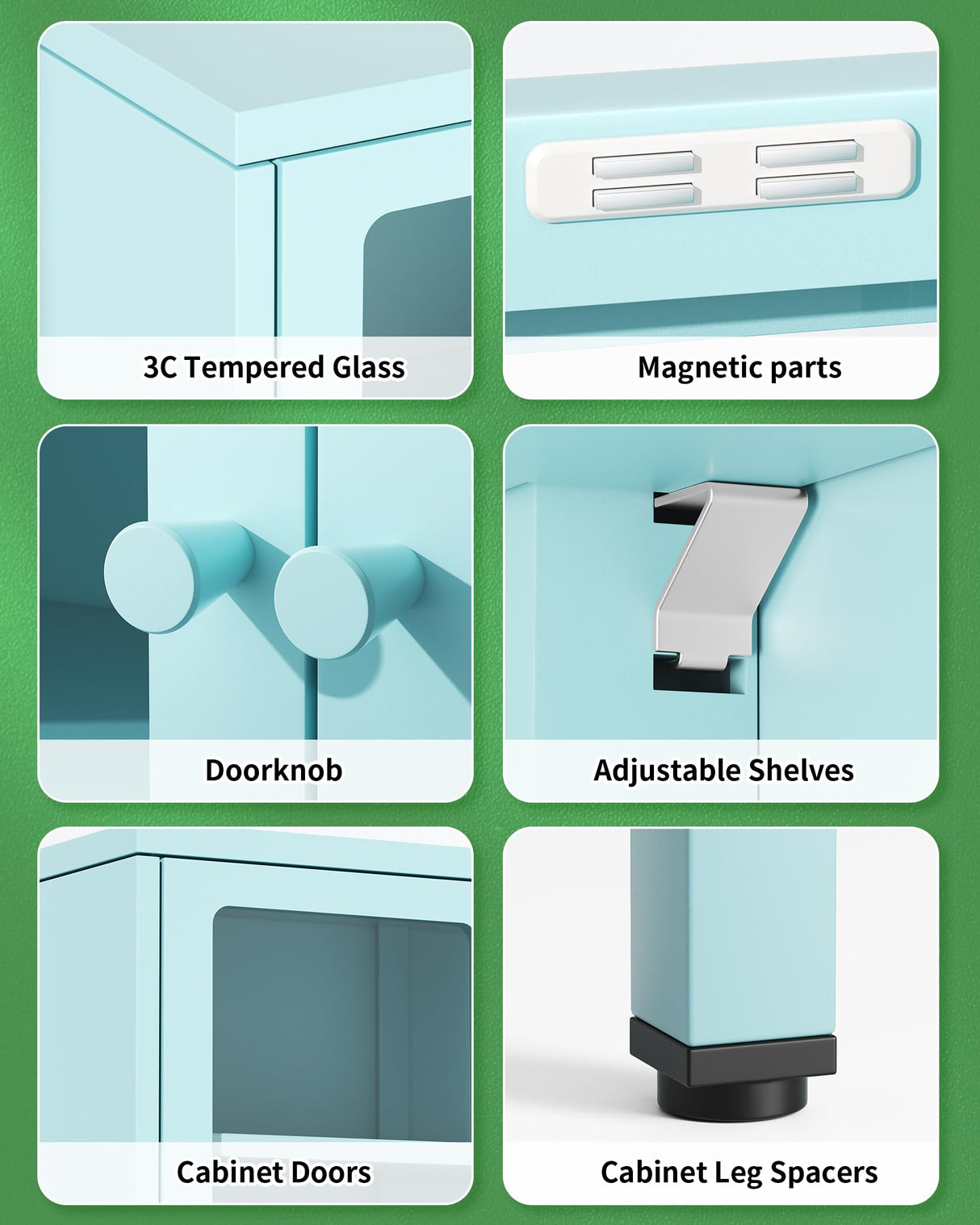 Bonusall Display Cabinet with Glass Doors,67” Metal Display Curio Cabinet with Glass Doors and 4 Adjustable Shelves for Collectibles,Home Office,Living Room,Gaming Room(Blue) Bonusall